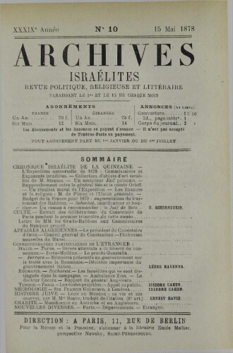 Archives israélites de France. Vol.39 N°10 (15 mai 1878)